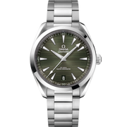 Quadrante verde oliva a raggi di sole con motivo teak orizzontale e indici applicati rodiati dell’Omega Seamaster Aqua Terra 41 mm 220.10.41.21.10.001.